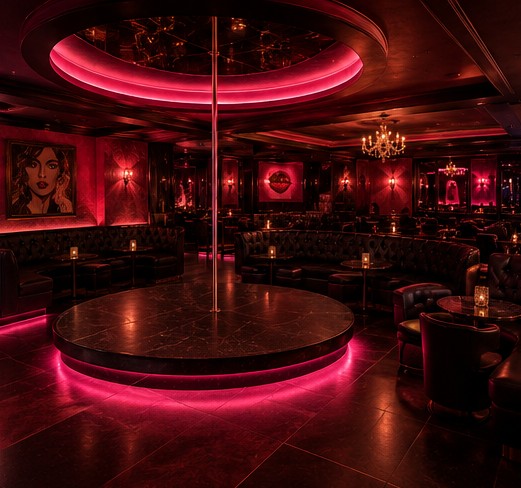 Sala principal con escenario circular y luz fucsia