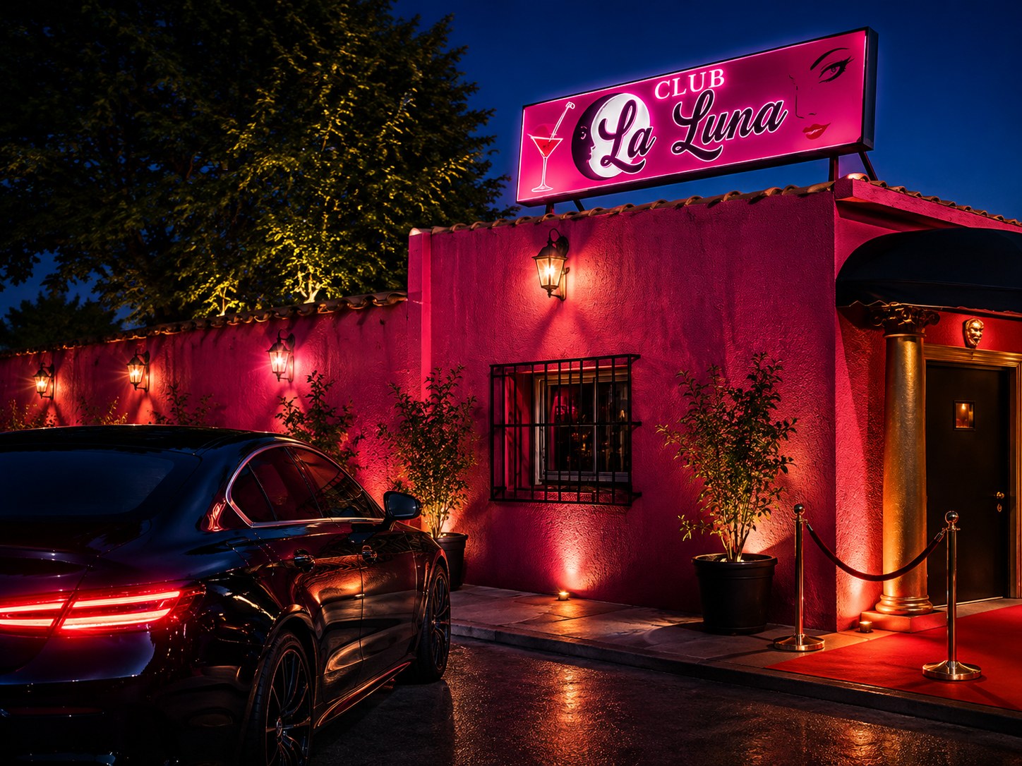 Fachada de Club La Luna iluminada de noche en Nueva Andalucía
